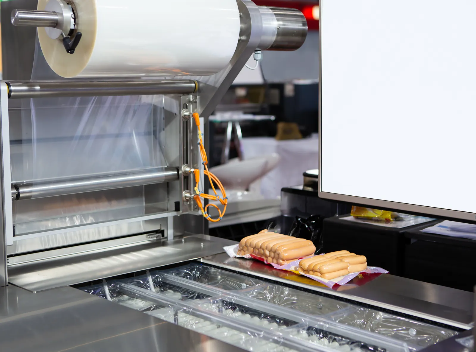 Dieptrekmachine verpakt worst in thermoform folie — dieptrekken bij AB Flexibles